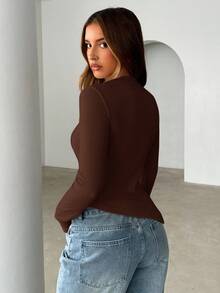 Siren Gaze Ladies' Plain V-Neck Slit Sleeve T-Shirt Winter Brown Casual Spring - Brown - View 2