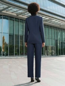 Lumivelle 2 件套高端西装套装，长袖夹克和裤子，专业通勤装 - 藏蓝色 - 查看 3