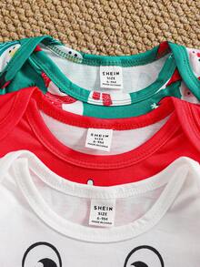 SHEIN 3件套男婴圣诞套装，可爱圣诞老人和雪人印花长袖连体衣，适合居家、休闲、节日派对穿着 - 彩色 - 查看 5