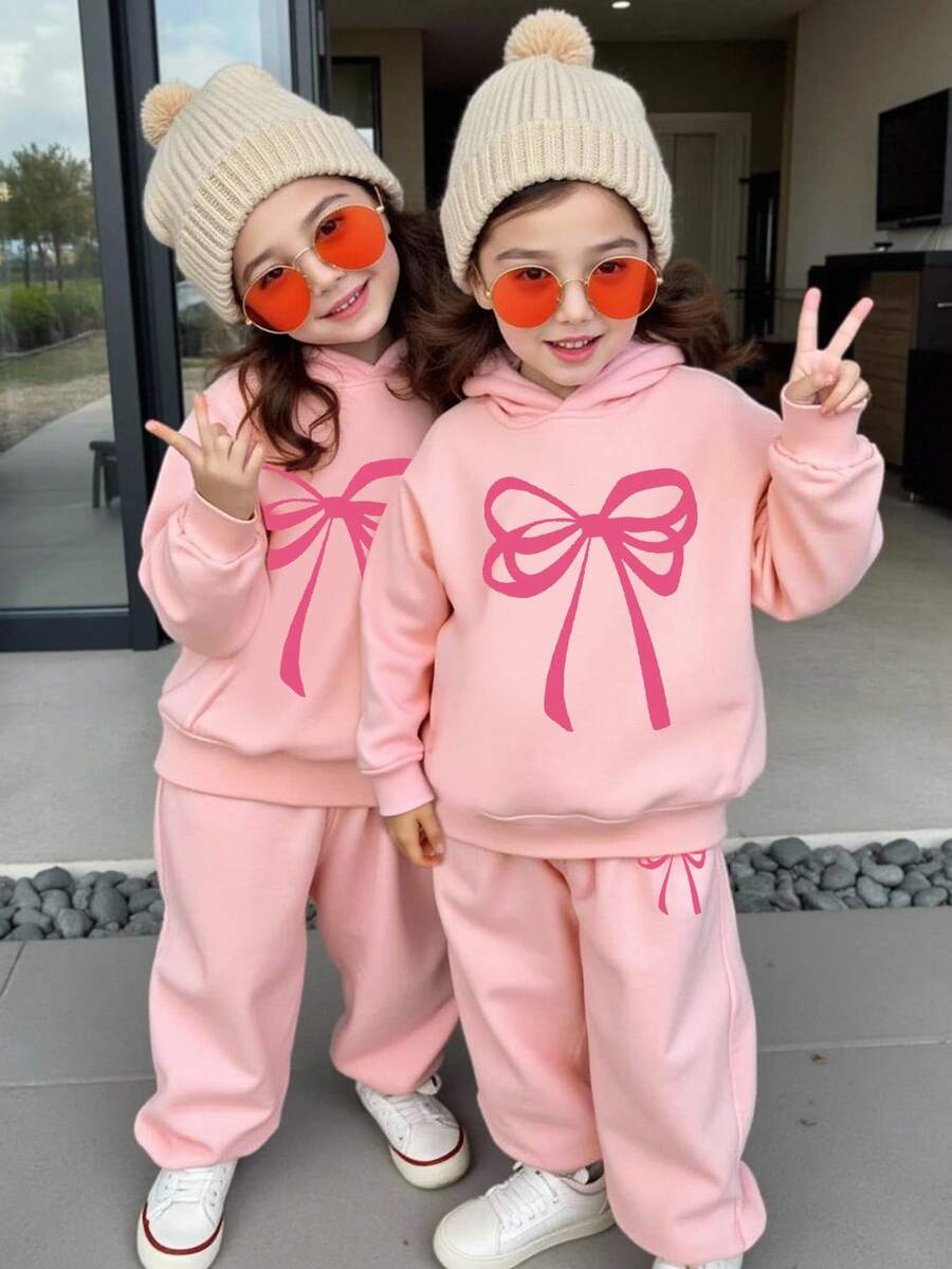 SHEIN Bộ 2 áo nỉ có mũ trùm đầu thường ngày cho bé gái có thiết kế nơ dễ thương, bộ đồ nỉ dài tay có mũ trùm đầu thoải mái, phù hợp cho mùa thu/đông/xuân - Hồng - Xem 1
