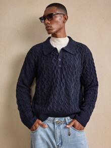 AKNOTIC 男士休闲麻花图案长袖Polo衫，秋冬季，圣诞节