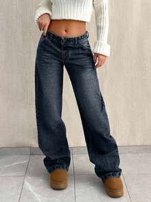 EURMUSE LOW WAIST BAGGY LOOSE STRAIGHT LEG JEAN - Dark Wash - View 7