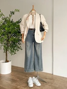 SHEIN LUNE Plus Size Single-Breasted Blazer For Women In Autumn And Winter, Suitable For Commuting, Autumn Casual Commuting Suit Jacket, Versatile Single Item, Apricot Suit Jacket, Women's Casual Waist-Length Long-Sleeved Lapel Thin Suit Jacket, Apricot, Autumn And Winter Old Money, Simple & Fashionable New Year Thanksgiving For Women Texture Fabric - Beige - View 8