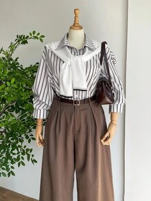 SHEIN LUNE 大码女装秋冬条纹长袖翻领衬衫女上衣日常通勤口袋设计衬衫老款风格衬衫 - 彩色 - 查看 5
