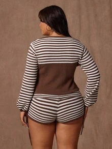 Rustia Plus Size Colorblock Striped Cropped Cardigan And Shorts Set, Autumn/Winter - Brown - View 4