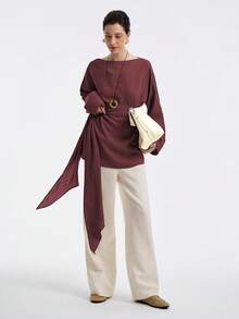 Aalyst Women's Linen Twill Street Style Vacation Office Commute Casual Off-Shoulder Loose A-Line Waist Tie Long Shirt Blouse, Spring/Autumn/Winter - Burgundy - View 5