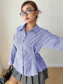 POPSWAY Mermaid Style Striped Waist Tie-Up Woven Long Sleeve Casual Shirt, Loose Fit For Students, Work, Campus, Basic Plus Size - Multicolor - View 7