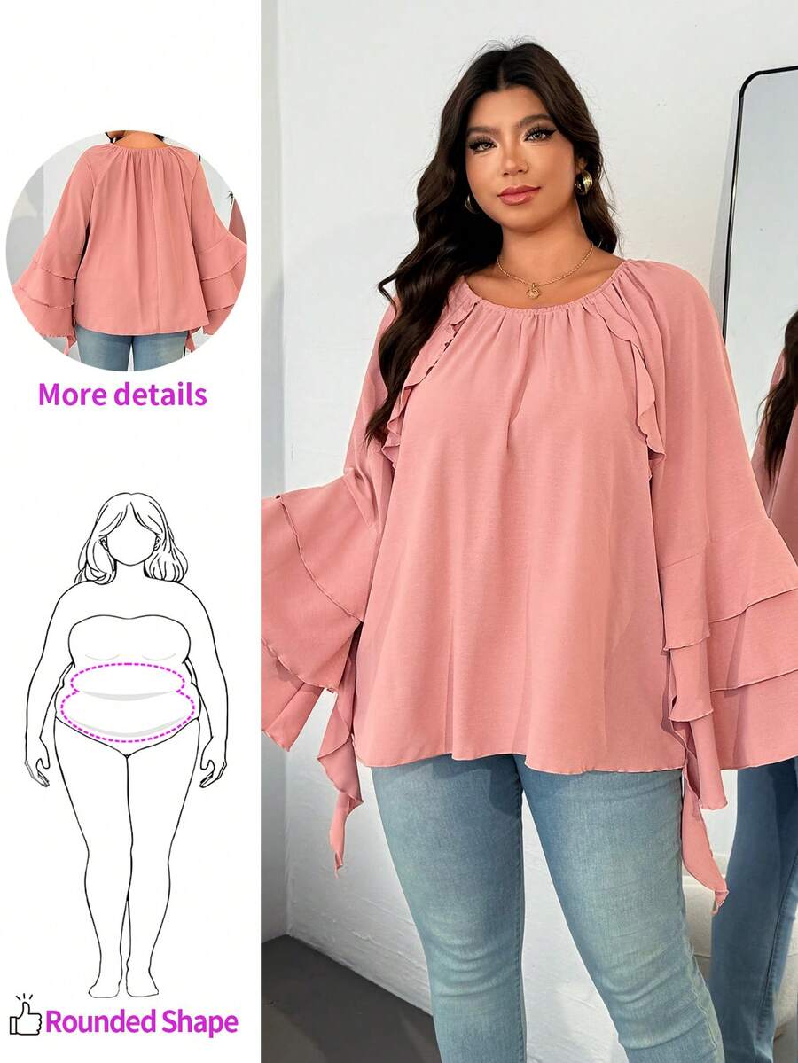 Enliva Áo kiểu tay dài dáng rộng có bèo nhún dành cho nữ cỡ lớn Jennifer Samantha Style, phù hợp với dáng người tròn trịa, thích hợp cho Ngày Valentine, Tình yêu, Quà tặng, Lãng mạn, Chúc mừng Ngày Valentine, 2026, Năm mới - Hồng - Xem 1