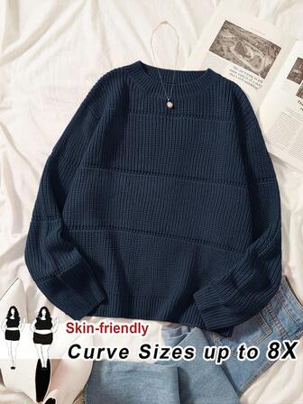 SHEIN CURVE+ 加大码纯色弹力罗纹针织加大码女式毛衣秋冬装
