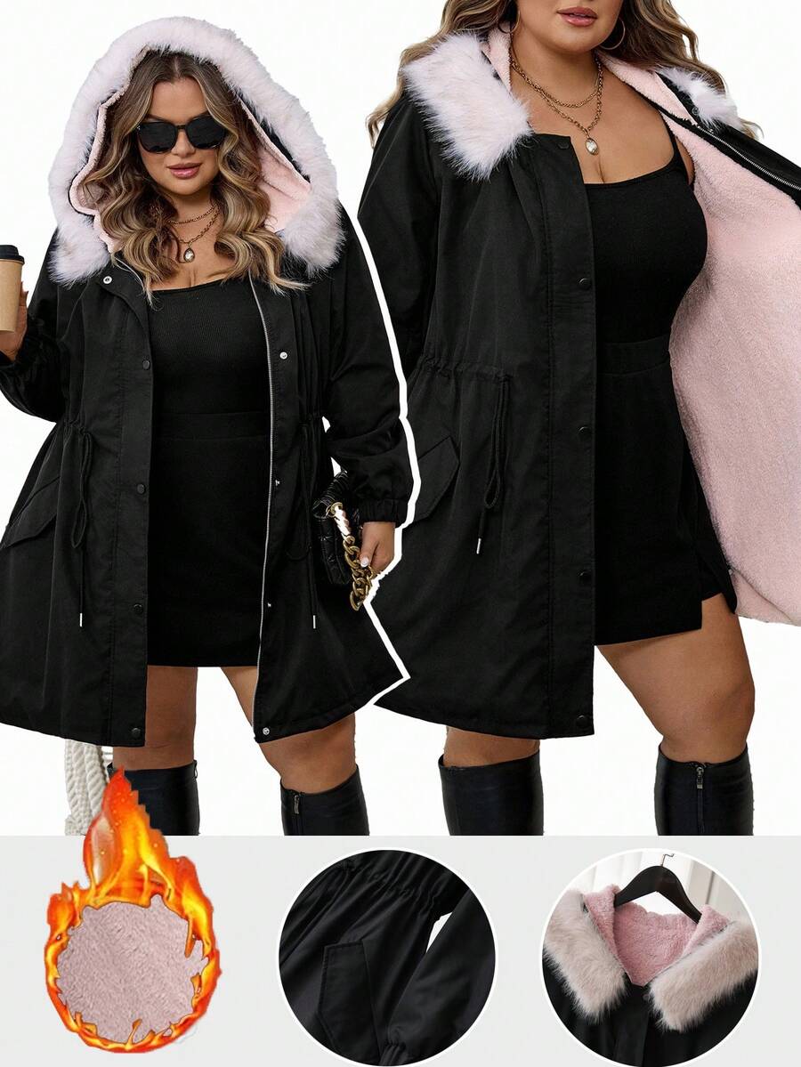 SHEIN CURVE+ 大码女式冬季长袖抽绳腰蓬松连帽外套 - 黑色 - 查看 1
