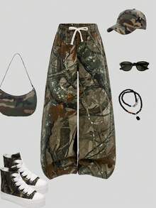 SHEIN Girlism Tween 女童迷彩树枝印花宽松阔腿牛仔裤 秋冬 - 軍綠色 - 查看 1