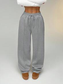 SHEIN EZwear 卵石缝线细节直筒运动裤 - 灰色 - 查看 3