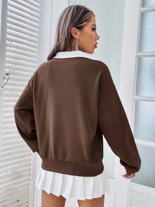 SHEIN EZwear 女士休闲拼色圆领落肩套头衫，咖啡棕色，适合返校、毕业、女教师、秋冬季 - 咖啡棕 - 查看 2