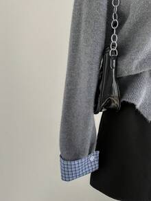 Sweetra 秋冬新款小马刺绣格子拼布二合一时尚宽松学院风长袖开衫