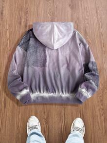 Manfinity VCAY Áo nỉ nam in họa tiết denim giả, ấm áp, có mũ trùm đầu, thường ngày, dành cho mùa thu đông - Xám - Xem 2