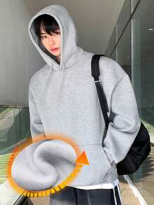 DAZY 男士纯色抽绳连帽落肩运动衫，秋装 - 灰色 - 查看 4