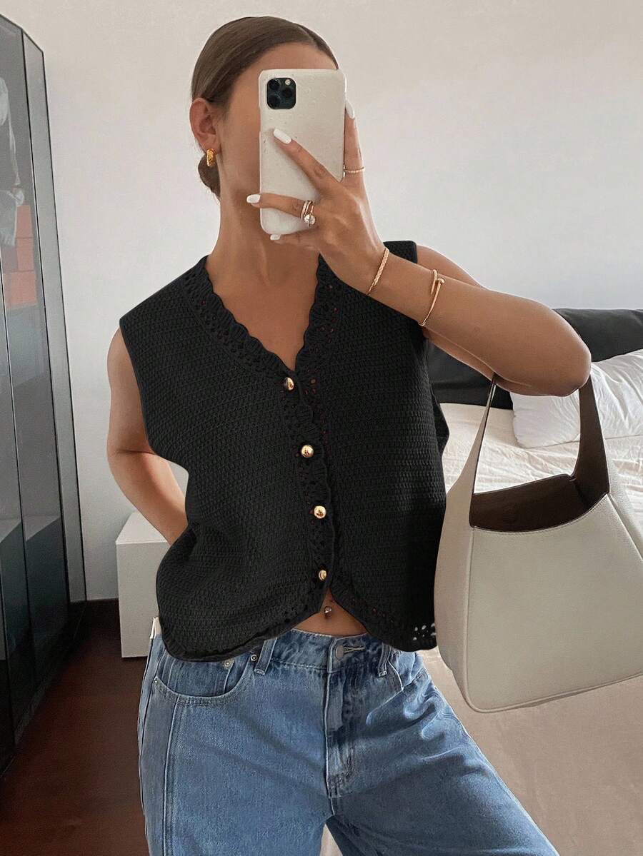 Siren Gaze 秋冬女士纯色单排扣V领休闲针织背心 - 黑色 - 查看 1