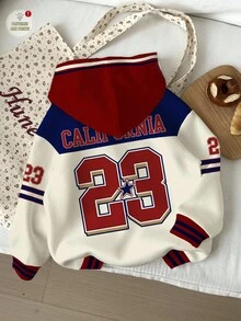 Slaydiva Sweat-shirt-shirt en tricot à manches longues, col ras du cou, coupe ample, avec badge rétro lettres et chiffres, confortable, convient pour l'automne/l'hiver, tailles grandes - Multicolore - Voir 2