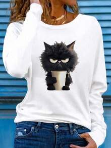 EMERY ROSE Women's Casual Loose Fit Cartoon Cat Print Round Neck Long Sleeve T-Shirt