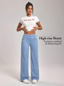 Flexra 女式松紧腰口袋阔腿宽松休闲牛仔裤 - 藍色 - 查看 4