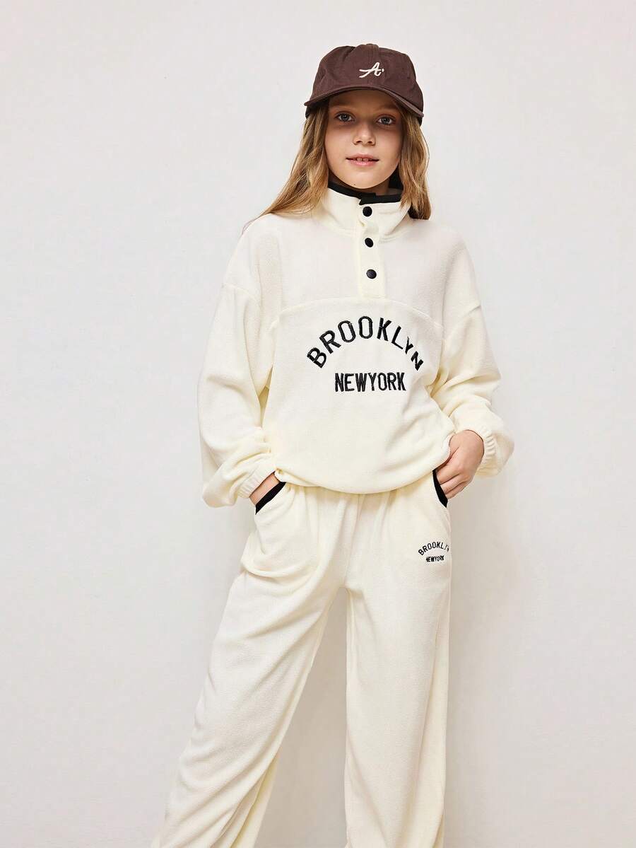 2 件套 Tween Girl 白色简约刺绣字母运动服套装，适合开学季、秋冬季 - 白色 - 查看 1