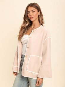 Coeurva Veste décontractée à boutons à devant et poches avec bordure de couleur contrastante pour femmes, manches longues chaude pour l'automne et l'hiver - Multicolore - Voir 6