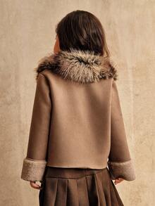 SHEIN Young Girls Fluffy Faux Thermal Lined Long Sleeve Jacket, Casual Loose Fit Outerwear, Autumn/Winter