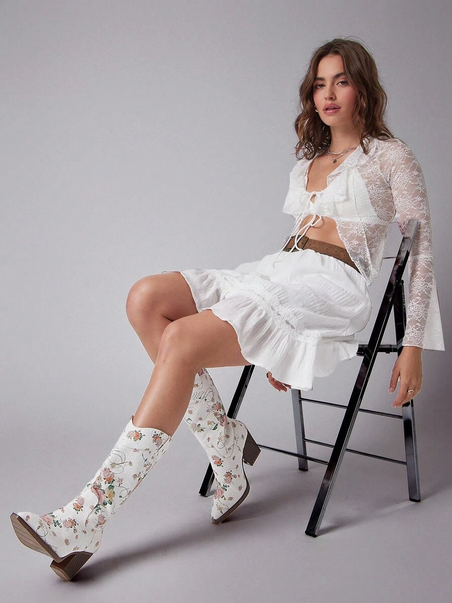 Solezae Giày bốt cao cổ nữ kiểu miền Tây, mũi nhọn, gót chunky, họa tiết hoa, dành cho nữ. - Nhiều màu - Xem 1