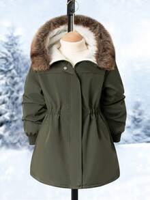 SHEIN 女童羽绒大衣,中长款,收腰,厚实,带帽,仿毛领,秋冬 - 軍綠色 - 查看 5