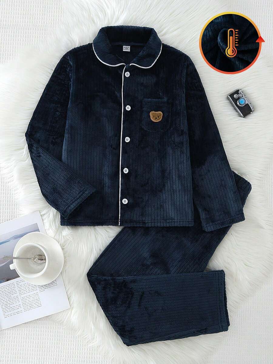 2pcs/Set Casual Loose Fit Cardigan Long Sleeve Top And Pants Loungewear Set For Tween Boys - Blue - View 1
