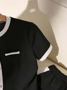 EMERY ROSE 女式撞色圆领短袖纽扣上衣和阔腿裤休闲两件套 - 黑色 - 查看 5