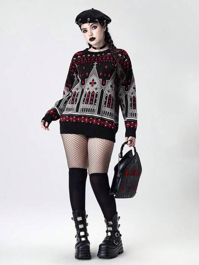 Goth Suéter de mujer con estampado de cruz de catedral gótica