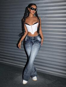 SHEIN ICON Quần jeans ống loe co giãn giặt mùa đông cho nữ cỡ lớn, quần denim thanh lịch - Rửa trung bình - Xem 3