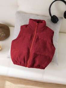 SHEIN Babygirl Autumn/Winter Cute Versatile Plush Corduroy Sleeveless Jacket - Red - View 3