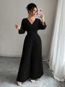 Selianne Bộ đồ liền thân ống rộng xếp ly tay cánh dơi hở lưng màu trơn thanh lịch dành cho nữ - màu đen - Xem 4