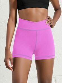 SHEIN 青少年女孩运动服纯色休闲简约交叉腰短裤，高弹性紧身版型，四向拉伸，适合骑行、跑步、训练 - 紫色 - 查看 4