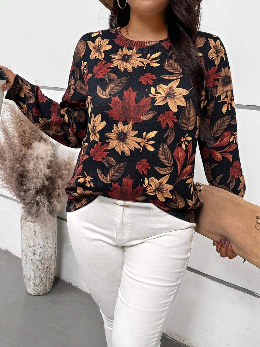 EMERY ROSE 百搭休闲日常秋季碎花叶子图案加大码圆领毛衣休闲日常穿着秋冬适合日常通勤 - 彩色 - 查看 1