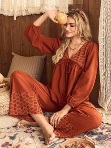 Lullawish مجموعة بيجامات نسائية كاجوال فضفاضة من الدانتيل والرقعة، مناسبة للخريف وعيد الميلاد - بني - مشاهدة 3