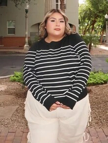 SHEIN Unity 大码女式条纹圆领长袖休闲 T 恤，秋季，冬季 - 黑色 - 查看 3