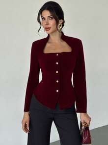 Firerie 女士优雅精致浪漫通勤休闲时尚新款街头风立领龙纹镂空金属扣腰A字下摆长袖酒红色衬衫，圣诞节，红色上衣，圣诞节 - 酒紅色 - 查看 6