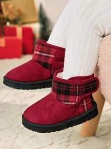 Cozy Pixies 女童时尚酒红色毛绒保暖休闲雪地靴，日常穿着舒适，格子拼接设计，适合圣诞节、秋冬季节穿着。 - 酒紅色 - 查看 2