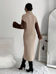 EURMUSE 女式休闲拼色高领针织毛衣裙，秋冬 - 棕色 - 查看 2