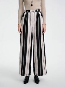 SHEIN LUNE Women's Elegant, Fashionable, Comfortable, Charming Vintage Minimalist Striped Straight Loose Casual Pants - Black - View 3