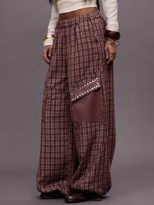 MUSERA Pantalones de pierna ancha con detalles de bolsillo con parche de tachuelas a cuadros, cintura elástica, para salir de noche, streetwear, lindos, de vuelta a la escuela, sexy