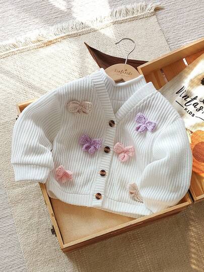 SHEIN Vintaside Kids 女婴舒适休闲针织 3D 彩色蝴蝶结开衫，适合春、秋、冬，适合日常穿着、室内、户外、旅行、上学