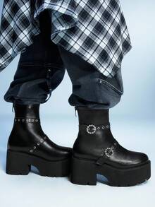Sugerpunk 女士时尚厚底靴 - 休闲黑色圆扣双带粗跟踝靴 - 舒适一脚蹬 - 黑色 - 查看 2