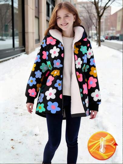 SHEIN Tween Girls' Sweet Casual Woven Digital Print Colorful Dopamine Flower Hooded Zip-Up Elastic Waist Ribbed Cuff Long Sleeve Thermal Lined Mid-Length Comfortable Jacket