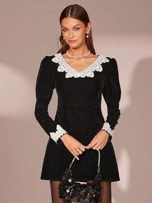 Enchnt Women's Black And White Contrast Lace V-Neck Gigot Sleeve Elegant Velvet Mini Dress,Autumn Fall/Winter Chic&Elegant For Dining&Party Dress - Black - View 6