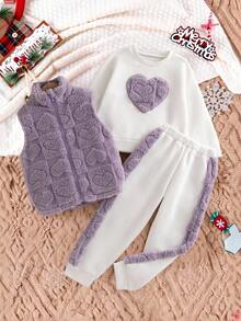 3pcs/Set Toddler Girls Winter Outfit,Heart Embroidery Ribbed Sweatshirt,Furry Trim Sweatpants,Zip-Up Plush Vest,School,Back-To-School,Winter Clothes - Multicolor - View 5