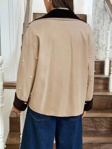 LanaWest Women's Khaki & Dark Brown Velvet Patchwork Collared Button-Up Long Sleeve Blouse With Pearl Decor, Casual Countryside Vacation, Thanksgiving & Halloween Vintage Vibe, Versatile Lightweight Jacket For Fall - Khaki - View 2